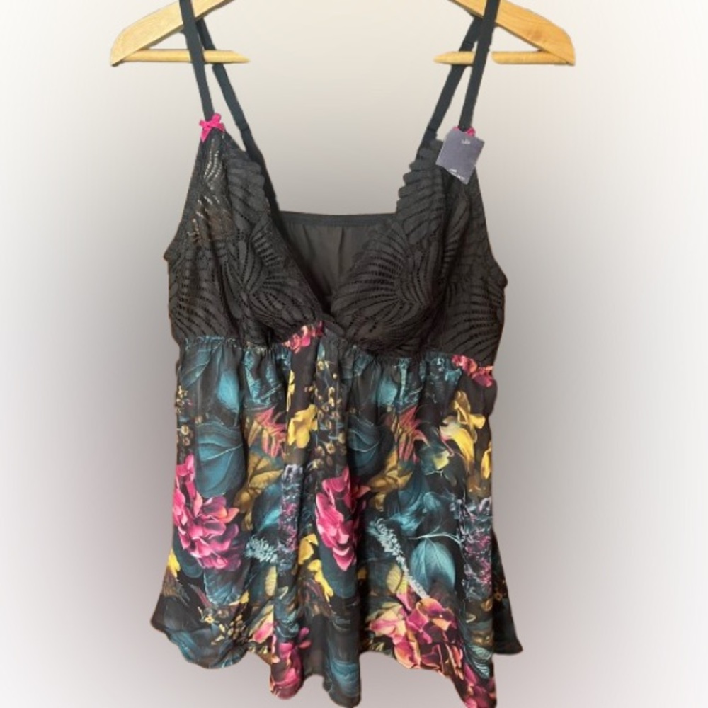 NWT Cacique Babydoll 2 Piece Floral Print Black Negligee With Panties Size 18/20